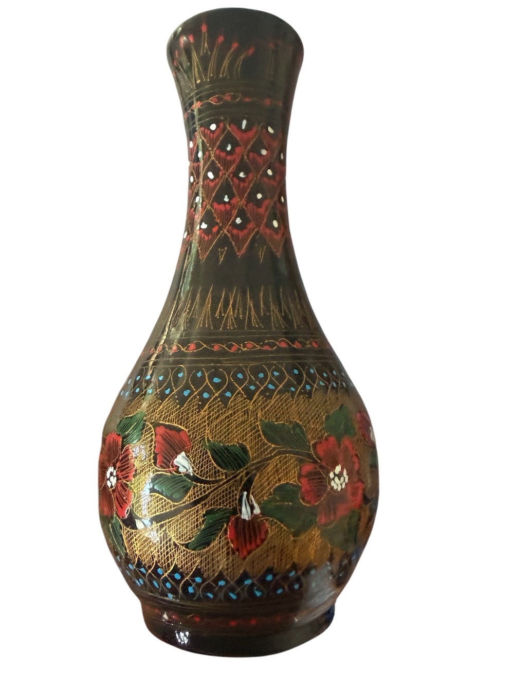 RARE!! Hand-Painted 27/37 Asian Floral Brass Vase with Red Flowers